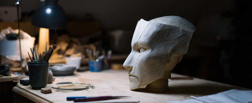 Intricately detailed cosplay mask meticulously sculpted by hand on a cluttered workbench