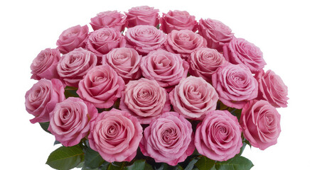 Naklejka premium Large bouquet of fresh pink roses with green leaves isolated on a plain white studio background