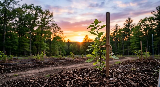 Young tree sapling supported by a stake grows in a mulched field at sunset with forest behind