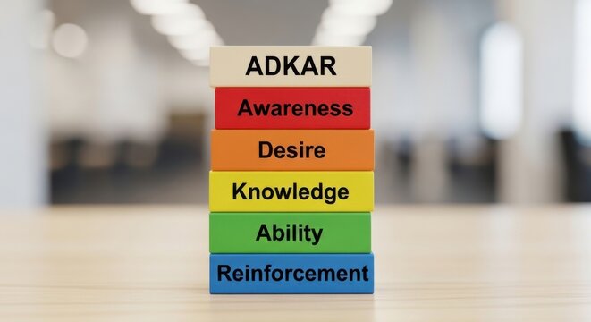 ADKAR model change management concept, colorful wooden blocks with awareness desire knowledge ability reinforcement text, business strategy framework