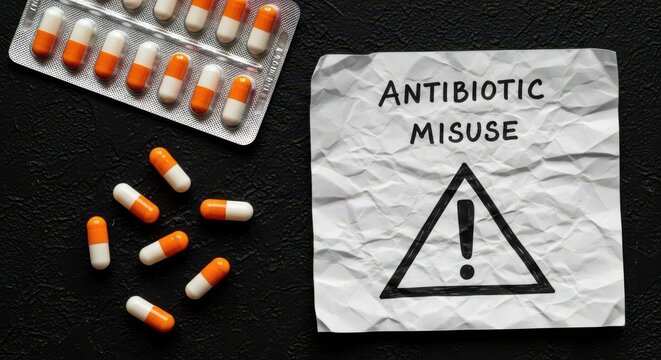 Antibiotic misuse warning note with exclamation icon, orange and white medical capsules on black background, healthcare medication safety concept