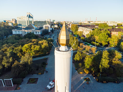 Aerial top-down drone view of the "Candle of Memory" memorial stele on Memory Square (Ploshchad Pamyati) in Tyumen, Russia, September 13, 2021