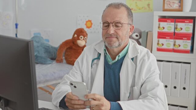 Man doctor holding smartphone and stethoscope at desk in medical building, seated with eyes closed and gentle smile; calm concentration.