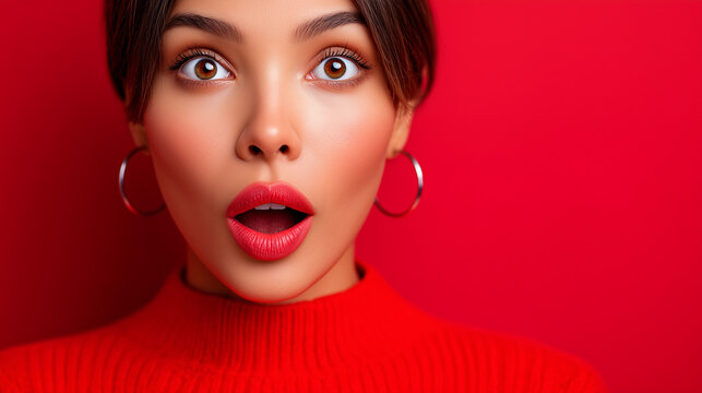 Young Woman Suddenly Looking Up with Shocked Expression on Vibrant Red Gradient Background


