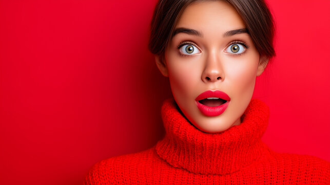 Young Woman Suddenly Looking Up with Shocked Expression on Vibrant Red Gradient Background

