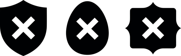 Obraz premium Black Cross Mark Icons Set on Shield, Egg, and Badge Shapes Isolated on White Background