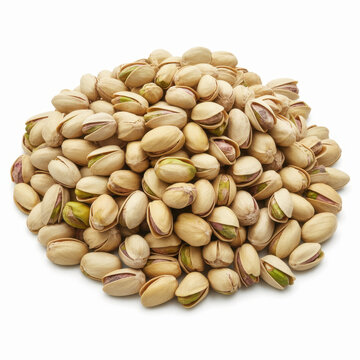 A large heap of roasted salted pistachio nuts in their shells isolated on a white background