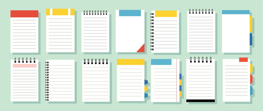 Flat collection of various paper notebooks with spiral binding and colorful tabs for office supplies and school education.