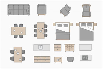 Fototapeta premium Floor plan furniture icons set top view including sofas tables beds and kitchen equipment for interior architecture layout.