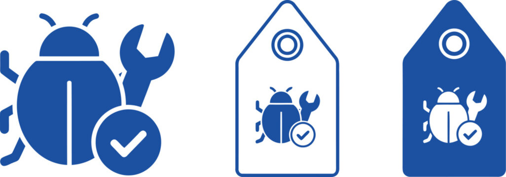 Blue bug fix icon set with wrench and checkmark for software maintenance and debugging labels