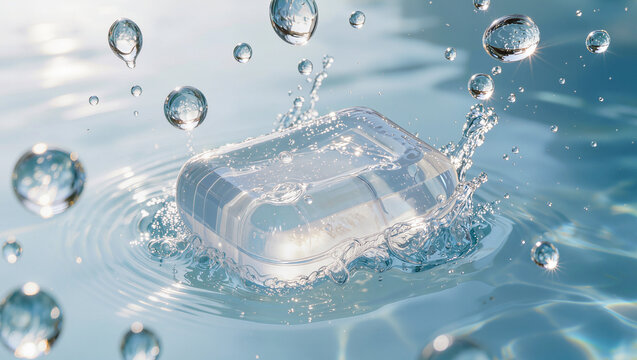 Clear Soap Bar Splashing into Refreshing Water with Droplets