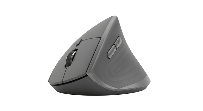 Ergonomic vertical mouse for office productivity, wireless computer mouse with matte black finish, modern peripheral for wrist health and comfort isolated on Transparent Background