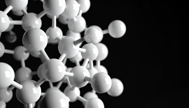 A 3D model of molecular structure with white spheres and rods against a black background