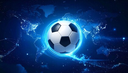 Naklejka premium A glowing soccer ball hovers above a world map at night with blue lights.