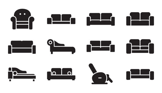 Furniture interior black icons, cozy elegant decor, comfortable seating arrangement, vector illustration.