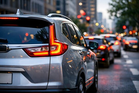 Silver suv stuck in heavy city traffic during the evening rush hour with glowing tail lights