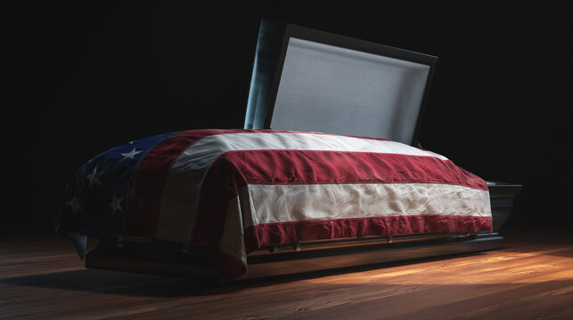 Coffin draped in the American flag sits inside a dark and somber room.