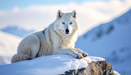Fototapeta premium A wolf lies on a snowy rock in a mountainous landscape.