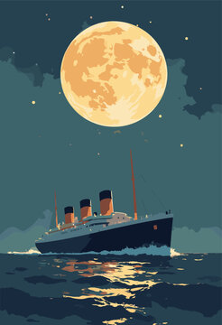 flat poster style 1920s travel posters solitary, sleek Art Deco ocean liner silhouette crossing dark sea under massive, shimmering gold full moon Symmetrical focus Luxury travel concept No text