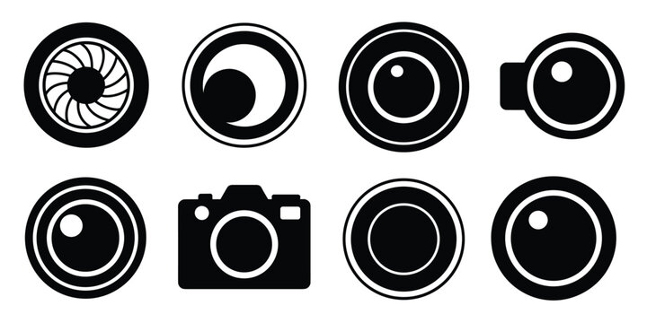 Camera Lens and Camera Icons Black Silhouettes on White Background Keywords: camera lens, camera icon, aperture, iris
