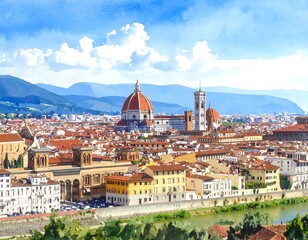 Fototapeta premium Panoramic view of Florence, Italy, with iconic landmarks under a blue sky.