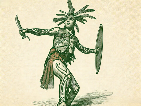 A vintage-style engraved illustration of Dayak tribal dancers in ceremonial attire, featuring feathered headdresses, shields, and dynamic movement in an Indonesian heritage art style.