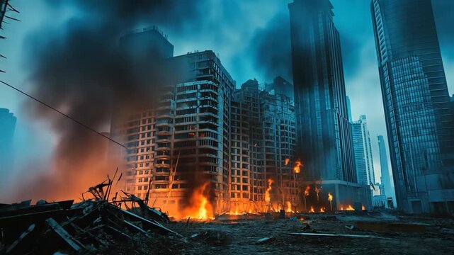 Aerial view of an urban city engulfed in flames and thick black smoke after a bombing, illustrating the devastating impact of war or terrorism and the vulnerability of densely populated areas.