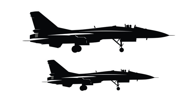 A sleek black silhouette of a military fighter jet is displayed twice angled differently