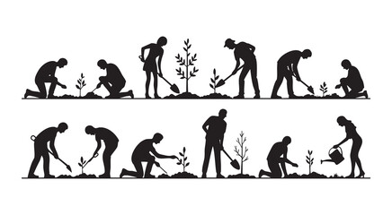 Obraz premium People gardening silhouettes collection of workers planting trees and digging ground in black color