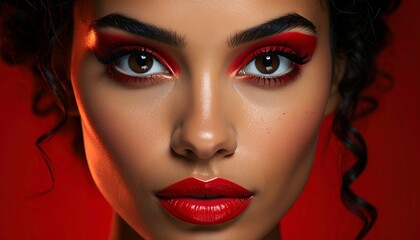 Fototapeta premium Stunning Portrait of a Woman with Bold Red Makeup.