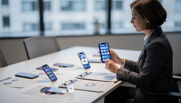 Focused medium shot of a health official reviewing appgenerated contact tracing data phones and documents in soft focus showcasing data security emphasis.