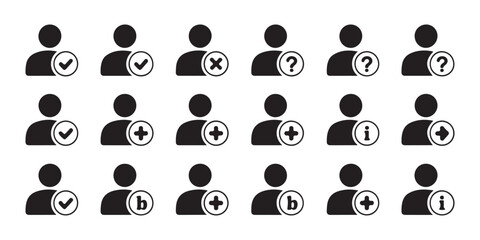 User icons collection with checkmark cross question mark plus minus info arrow and letter b symbols in black. © Mukti