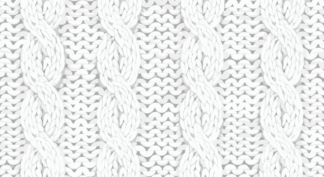 A soft and cozy white wool texture displays a traditional cable knit pattern with thick braided columns and delicate interlocking stitches throughout the fabric.