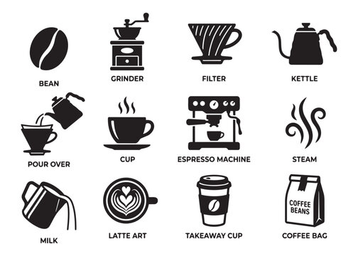 Coffee shop icons set for barista tools and cafe equipment flat vector illustration isolated on gray.