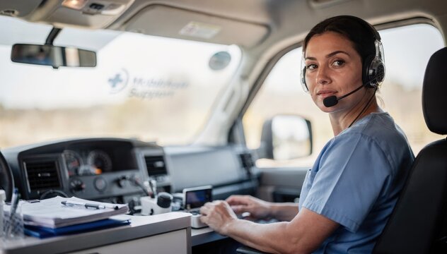 Dedicated operator at a mobile health support van microphone and headset sharply focused while dashboard and external driver seat remain blurred.