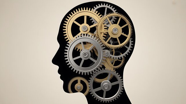 Silhouette of a human head profile filled with interlocking gears and cogs mechanical thinking