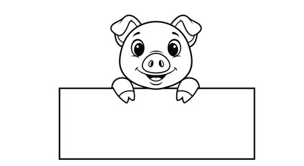 Fototapeta premium Happy pig character peeking over a blank white banner offers a fun and cheerful framing element for children's announcements and card designs.