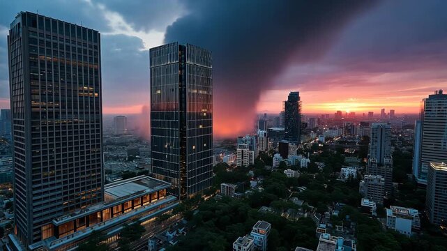 Aerial view of an urban city engulfed in flames and thick black smoke after a bombing, illustrating the devastating impact of war or terrorism and the vulnerability of densely populated areas.