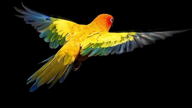 Backview of sunconure parrot flying in black background
