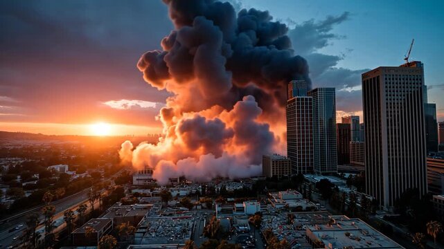 Aerial view of an urban city engulfed in flames and thick black smoke after a bombing, illustrating the devastating impact of war or terrorism and the vulnerability of densely populated areas.