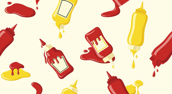 Condiment bottles of ketchup and mustard with spills form a fun seamless pattern for food industry and kitchen decoration.