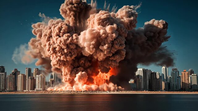 Aerial view of an urban city engulfed in flames and thick black smoke after a bombing, illustrating the devastating impact of war or terrorism and the vulnerability of densely populated areas.