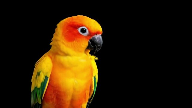 Closeup of sunconure parrot in black background