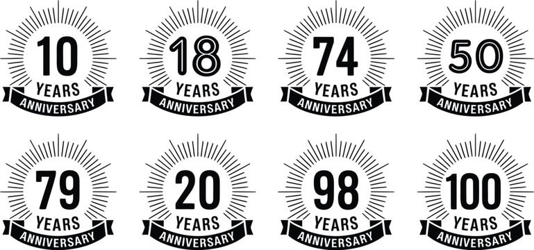 Anniversary logotype set, vector birthday labels with 10 20 30 40 50 60 70 80 90 and 100 year numbers and ribbon badges for celebration and milestone design.