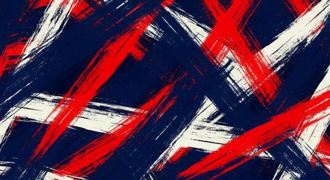 Abstract expressionist painting with bold red and white brushstrokes on navy.