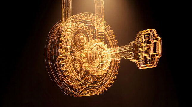 Digital security concept combining padlock, key, and gears