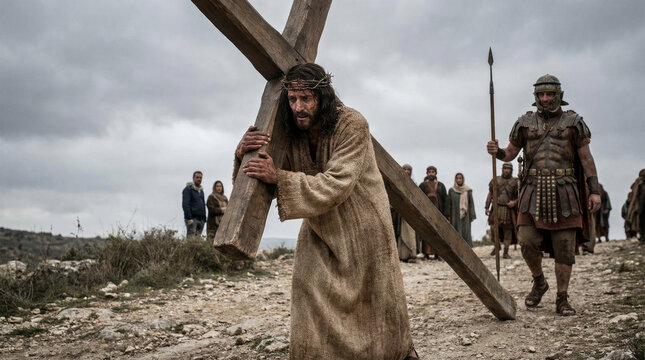 Jesus carrying a cross surrounded by soldiers.. Jesus Christ with the cross on his shoulder, biblical scene