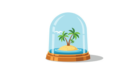 Obraz premium A miniature tropical paradise featuring three lush green palm trees on a sandy island is perfectly preserved inside a clear glass dome with a wooden base.