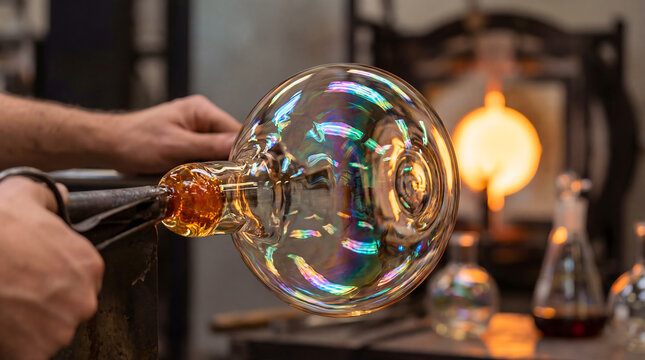 Glassblower shaping molten glass into iridescent art