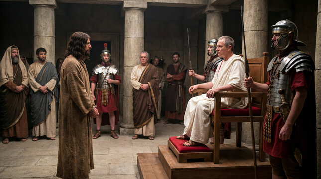 Jesus stands before Pontius Pilate in a biblical scene.. Jesus before Pontius Pilate, biblical scene
